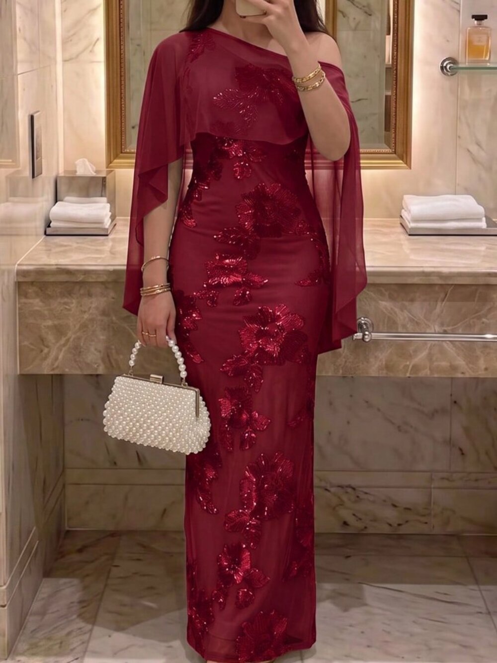 Burgundy Party Women's Asymmetrical Shoulder Sleeveless Fitted Mesh Dress